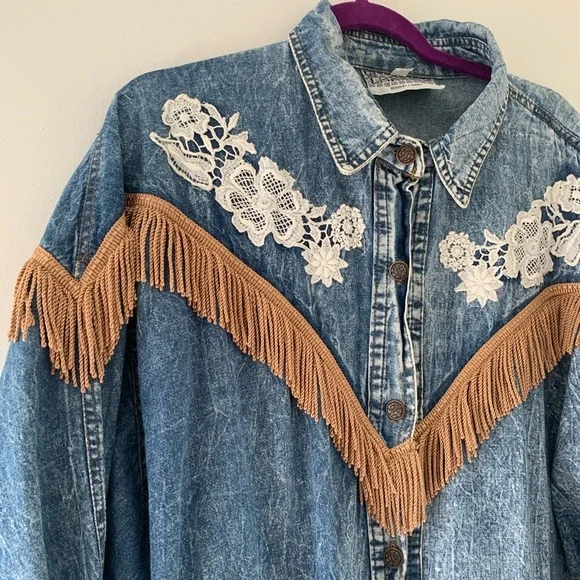 Rare 80s OOAK Vintage J Carreli Denim Acid Wash Tapestry Lace Fringe Jacket - Picture 11 of 17